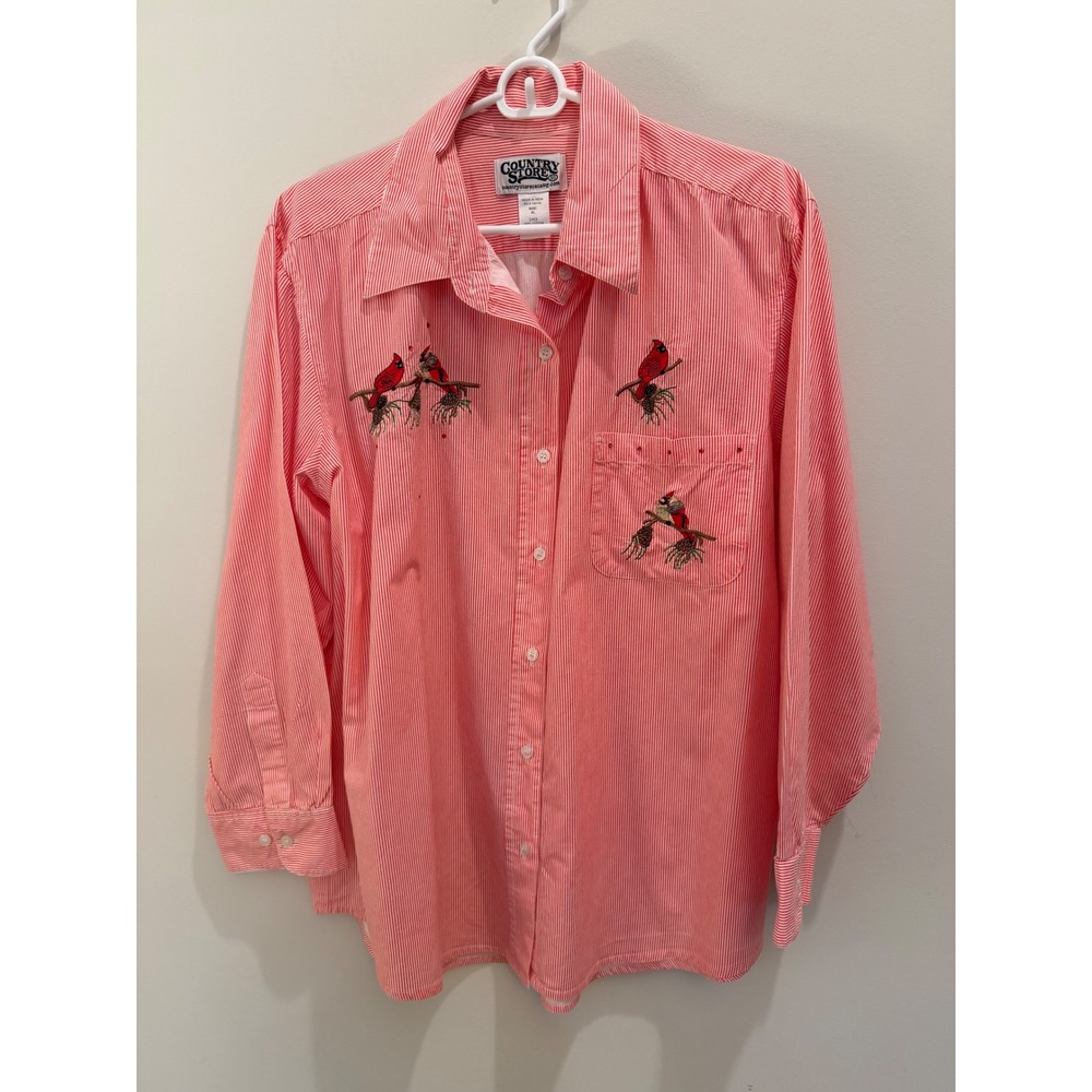 Country Store Womens XL Red Pinstripe Embroidered Cardinal Button Down Shirt